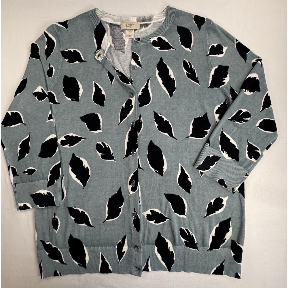 LOFT Women's XL Cotton Knit Cardigan Sweater Crew Neck Long Sleeve Leaf Print - Picture 2 of 10